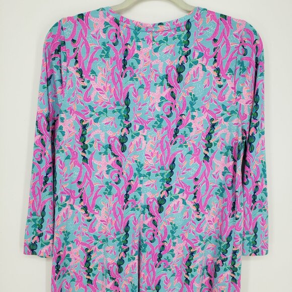 Lilly Pulitzer Tessa Shift T Shirt Dress L Seaweed Samba Cotton V Neck Pink Blue - Picture 9 of 11